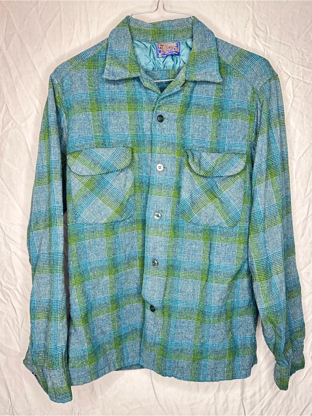 Vintage Pendleton Blue Green Plaid Virgin Wool Board Shirt USA Size M